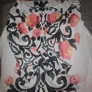 JM Collection Black and Red Floral Sheer Top